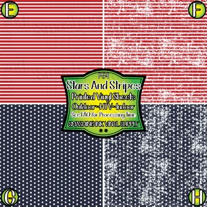 May include: Stars and Stripes printed vinyl sheets for outdoor and indoor use. The sheets feature red and white stripes and a blue background with white stars. The text "Stars And Stripes Printed Vinyl Sheets Outdoor HIV-Indoor See FAO for Processing Time SMASHING INK VINYL SUPPLY" is printed on a green label.