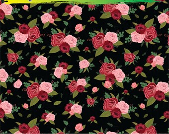 May include: A seamless pattern featuring red and pink roses with green leaves on a black background. The pattern is repeated throughout the image. The text "Design I SMASHING INK VINYL SUPPLY" is at the top of the image.