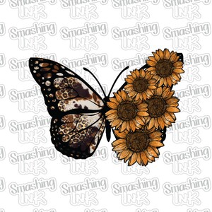 May include: A brown and black butterfly with a leopard print pattern is surrounded by a cluster of orange sunflowers. The butterfly and sunflowers are on a white background.