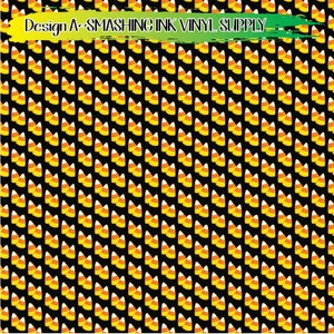 May include: A seamless pattern of candy corn on a black background. The candy corn is yellow, orange, and white.