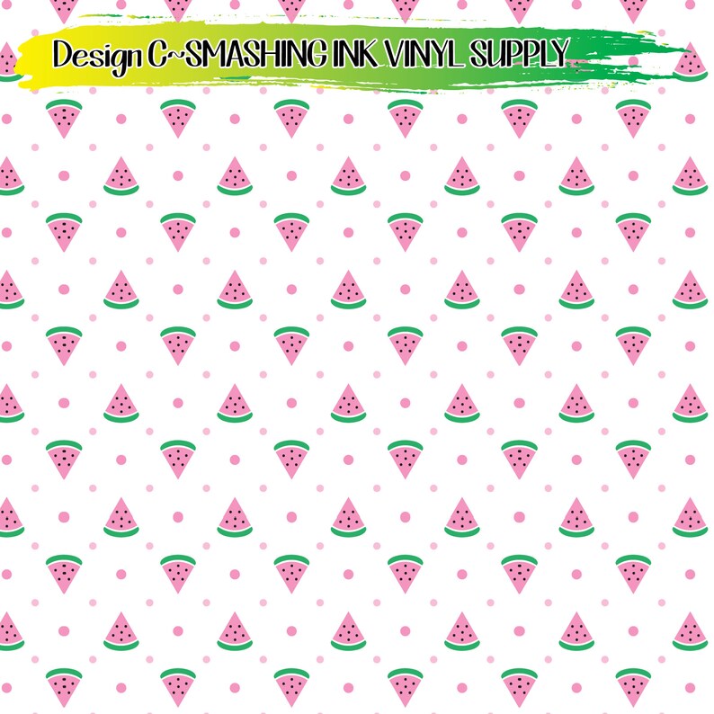 May include: A seamless pattern featuring pink watermelon slices and pink dots on a white background. The pattern is perfect for summer crafts and projects.