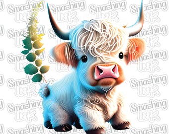 White Baby Highland Cow ~ Apparel Transfer | DTF | Iron On | Sublimation | HTV