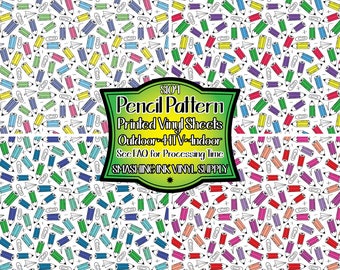 May include: A digital design sheet featuring a repeating pattern of colorful pencils, paper clips, and paper airplanes on a white background. The text "Pencil Pattern", "Printed Vinyl Sheets", "Outdoor - HTV - Indoor", "See FAQ for Processing Time", and "SMASHING INK VINYL SUPPLY" is displayed on a green banner.