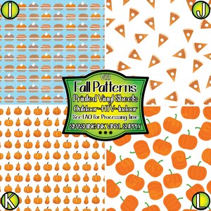 May include: Four different fall-themed patterns printed on vinyl sheets. The patterns include pumpkin, pie, and a dessert with whipped cream. The text on the image reads "V83 Fall Patterns Printed Vinyl Sheets Outdoor HTV Indoor See FAQ for Processing Time SMASHING INK VINYL SUPPLY".