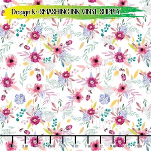 May include: A seamless pattern featuring watercolor flowers in shades of pink, purple, and yellow on a white background. The flowers are arranged in a repeating pattern, creating a delicate and feminine design.