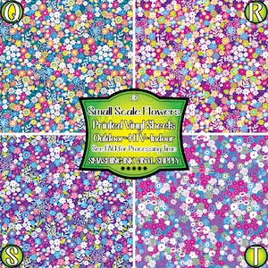 May include: Four sheets of printed vinyl with a small-scale floral pattern in shades of pink, purple, blue, green, yellow, and white on a dark blue background. The text "Small Scale Flowers Printed Vinyl Sheets Outdoor HTV-Indoor See FAQ for Processing Time SMASHING INK VINYL SUPPLY" is printed on the sheets.