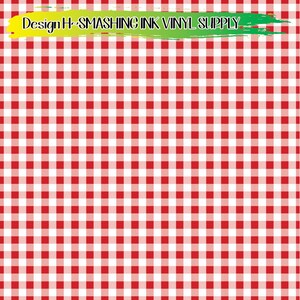 May include: Red and white gingham pattern. The pattern is a classic checkered design with red squares on a white background.