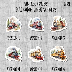 May include: Full-color vinyl stickers featuring vintage train designs. Each sticker showcases a different watercolor illustration of a steam locomotive, with details like smoke, trees, and tracks. The text "VINTAGE TRAINS" and "FULL COLOR VINYL STICKERS" is displayed.