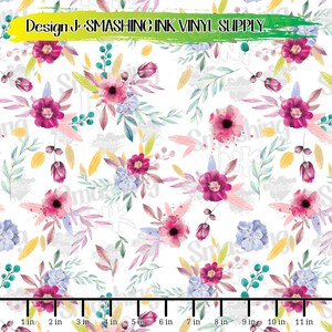 May include: A seamless pattern featuring watercolor floral bouquets in shades of pink, purple, and blue on a white background. The design includes leaves, stems, and small yellow accents. The pattern is repeated throughout the image.
