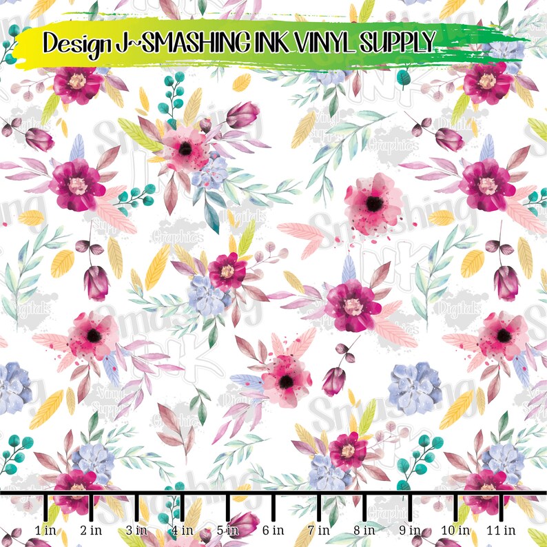 May include: A seamless pattern featuring watercolor floral bouquets in shades of pink, purple, and blue on a white background. The design includes leaves, stems, and small yellow accents. The pattern is repeated throughout the image.