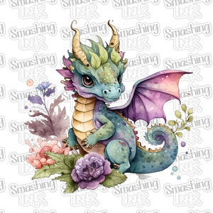 May include: A watercolor illustration of a small, green dragon with purple wings. The dragon is sitting on a bed of flowers, including a pink rose and a purple flower.