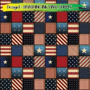 May include: A seamless pattern featuring a patchwork design of red, white, and blue squares. Each square has a different American flag design, including stars, stripes, and a denim fabric texture. The pattern is perfect for patriotic crafts and projects.