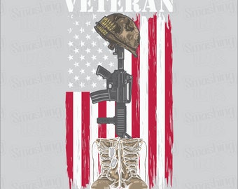 May include: A black rifle with a camouflage helmet on top, a pair of brown boots, and an American flag in the background. The words "Veteran" are at the top of the image.
