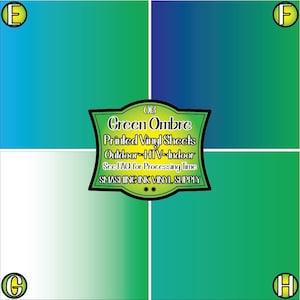 May include: Green ombre printed vinyl sheets for outdoor and indoor use.  The sheets are available in a variety of colors, including green, blue, and white.  03 Green Ombre Printed Vinyl Sheets Outdoor HTV-Indoor See FAO for Processing Time SMASHING INK VINYL SUPPLY