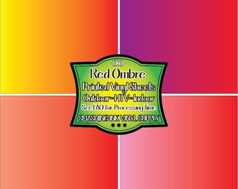 May include: Four 12x12 inch red ombre vinyl sheets. The sheets are a gradient of red, orange, and yellow. The sheets are labeled with the letters I, J, K, and L. The text "010 Red Ombre Printed Vinyl Sheets Outdoor HTV-Indoor See FAO for Processing Time SMASHING INK VINYL SUPPLY" is printed on a green banner.