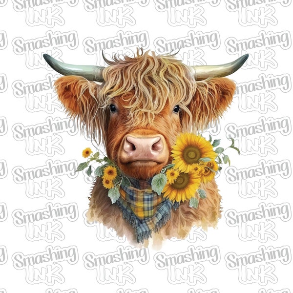 Highland Cow And Sunflowers Apparel Transfer - Available in Heat Transfer, DTF (Direct to Film), or Sublimation, Iron On Shirt Transfer