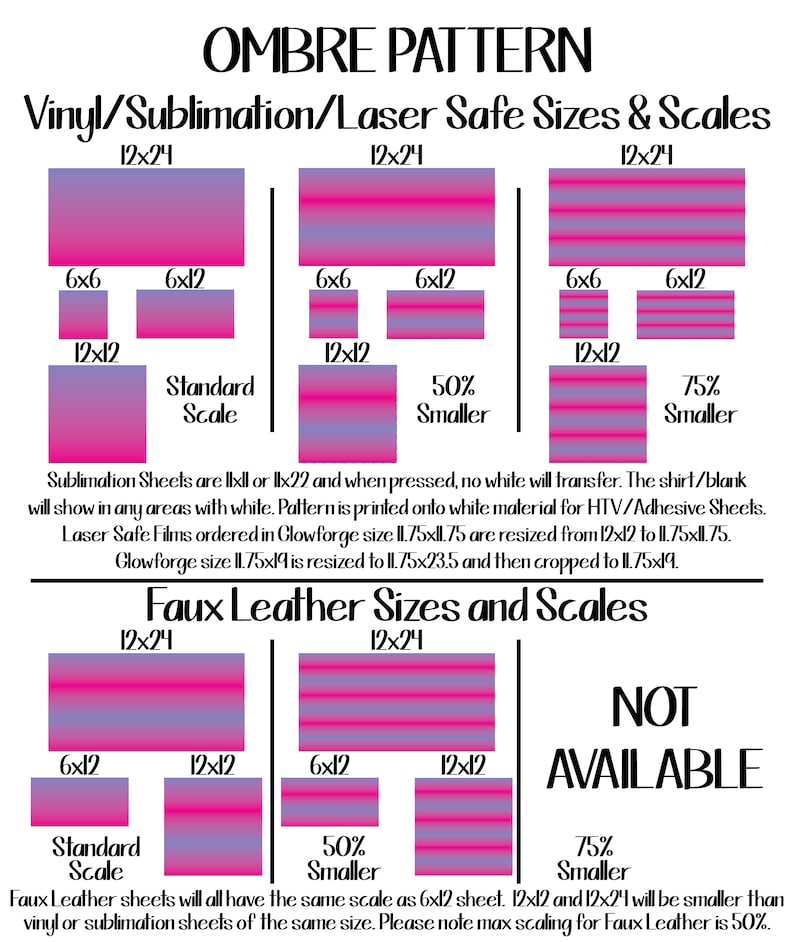 May include: A chart showing the different sizes and scales for vinyl, sublimation, and laser safe materials. The chart also shows the sizes and scales for faux leather. The chart includes the following sizes: 6x6, 6x12, 12x12, and 12x24. The chart also includes the following scales: Standard, 50% Smaller, and 75% Smaller.
