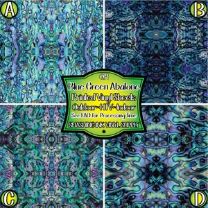May include: Four square images of blue green abalone printed vinyl sheets. The text "OH! Blue Green Abalone Printed Vinyl Sheets Outdoor - HIV - Indoor See FAQ for Processing Time SMASHING INK VINYL SUPPLY" is in the center of the image.
