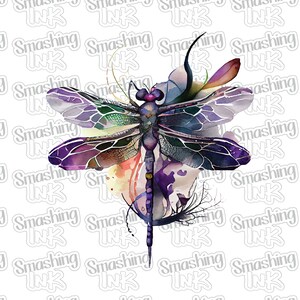 May include: A watercolor painting of a dragonfly with purple, blue, and green wings. The dragonfly is surrounded by a watercolor background of flowers and leaves.
