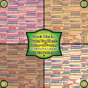 May include: A digital download of a seamless pattern featuring stacks of colorful books. The pattern is perfect for crafting projects, scrapbooking, and more. The text on the image reads "Book Stacks Printed Vinyl Sheets Outdoor HTV-Indoor See FAQ for Processing Time SMASHING INK VINYL SUPPLY".