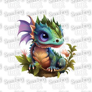 May include: A small, green and blue dragon with purple wings sits on a brown log surrounded by green leaves and white flowers. The dragon has large, blue eyes and a friendly expression.