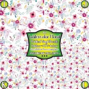 May include: Watercolor floral print vinyl sheet for crafting. The sheet features a repeating pattern of pink, purple, and blue flowers on a white background. The text "168 Watercolor Floral Printed Vinyl Sheets Outdoor HTV Indoor See FAQ for Processing Time SMASHING INK VINYL SUPPLY" is printed on the sheet.