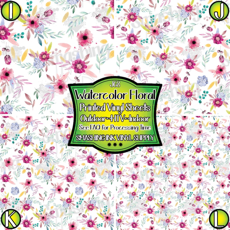 May include: Watercolor floral print vinyl sheet for crafting. The sheet features a repeating pattern of pink, purple, and blue flowers on a white background. The text "168 Watercolor Floral Printed Vinyl Sheets Outdoor HTV Indoor See FAQ for Processing Time SMASHING INK VINYL SUPPLY" is printed on the sheet.