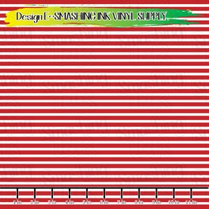 May include: Red and white striped vinyl with a measurement scale in inches. The scale shows 1 inch to 11 inches. The text "Design E-SMASHING INK VINYL SUPPLY" is at the top of the image.