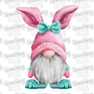 May include: A pink and white gnome with a pink bunny hat and a turquoise bow. The gnome is wearing turquoise shoes and has a white beard.