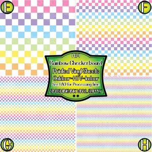 May include: Four sheets of rainbow checkerboard printed vinyl. The vinyl is available in a checkerboard pattern with alternating colors of pink, purple, light blue, green, yellow, and orange. The vinyl is also available in a striped pattern with alternating colors of pink, purple, light blue, green, yellow, and orange. The vinyl is labeled "Rainbow Checkerboard Printed Vinyl Sheets Outdoor HTV Indoor See FAQ for Processing Time SMASHING INK VINYL SUPPLY".