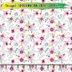 May include: A seamless pattern featuring a white background with a repeating design of pink, purple, and blue watercolor flowers. The flowers are arranged in clusters and are surrounded by green leaves.