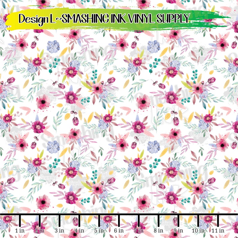 May include: A seamless pattern featuring a white background with a repeating design of pink, purple, and blue watercolor flowers. The flowers are arranged in clusters and are surrounded by green leaves.