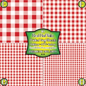 May include: Four red and white gingham patterned vinyl sheets. The sheets are labeled with the letters E, F, G, and H. The text "Red Buffalo Printed Vinyl Sheets Outdoor HTV Indoor See FAO for Processing Time SMASHING INK VINYL SUPPLY" is in a green banner.