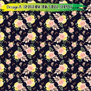 May include: A dark navy blue vinyl sheet featuring a repeating pattern of watercolor-style pink and yellow roses, accompanied by light brown leaves and small green sprigs. The text Design A~SMASHING INK VINYL SUPPLY is printed in black.