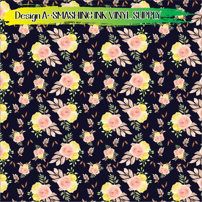 May include: A dark navy blue vinyl sheet featuring a repeating pattern of watercolor-style pink and yellow roses, accompanied by light brown leaves and small green sprigs. The text Design A~SMASHING INK VINYL SUPPLY is printed in black.