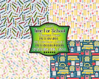 May include: Four different patterns for school-themed fabric. The patterns include crayons, pencils, hearts, stars, paper clips, school buses, and other school supplies. The text "Time For School" is in a banner at the top of the image.