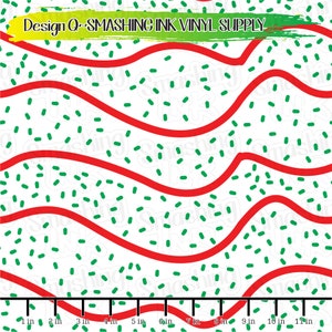 May include: A seamless pattern featuring red wavy lines and green dots on a white background. The pattern is repeated throughout the image. The image includes a ruler with inch markings.