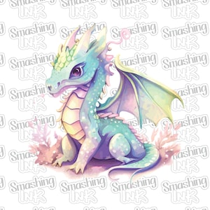 May include: A light blue and green baby dragon with pink accents and a light green wing. The dragon is sitting on a light brown surface with pink and green plants.