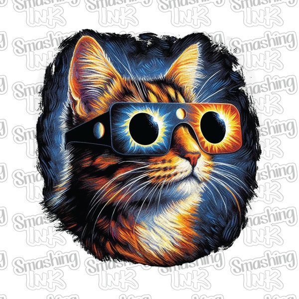 Eclipse Cat Wearing Glasses Apparel Transfer - Available in Heat Transfer, DTF (Direct to Film), or Sublimation, Iron On Shirt Transfer