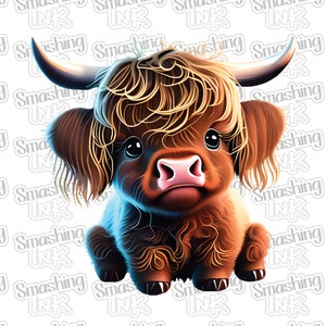 May include: A brown and white Highland cow calf with long, curly hair sits with its legs tucked under its body. The calf has large, dark eyes and a pink nose.