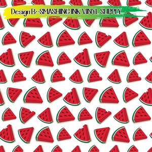 May include: A seamless pattern featuring red watermelon slices with green rinds on a white background. The watermelon slices are arranged in a repeating pattern, creating a fun and summery design.