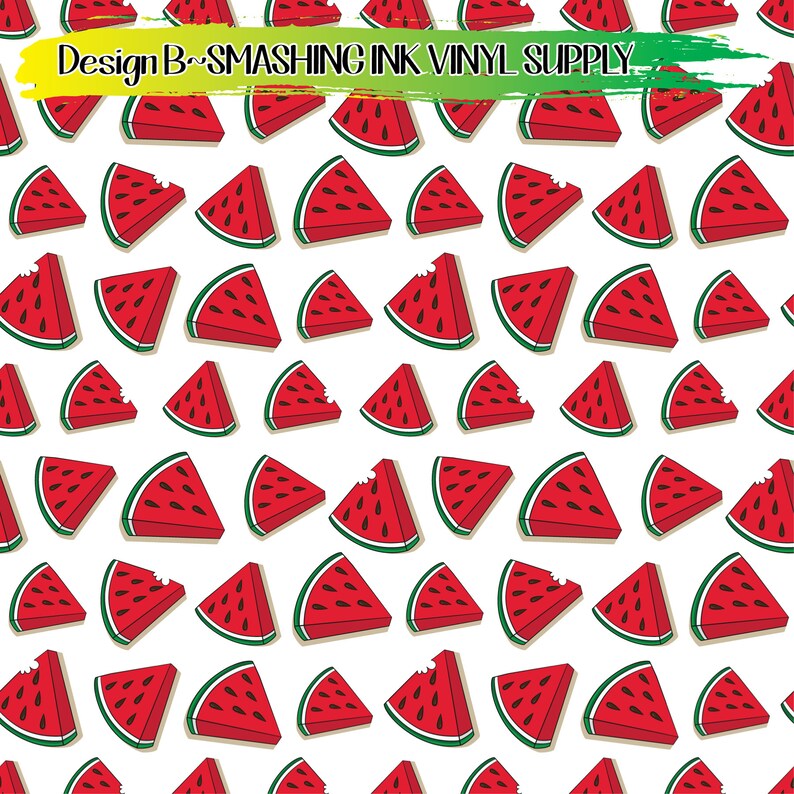 May include: A seamless pattern featuring red watermelon slices with green rinds on a white background. The watermelon slices are arranged in a repeating pattern, creating a fun and summery design.