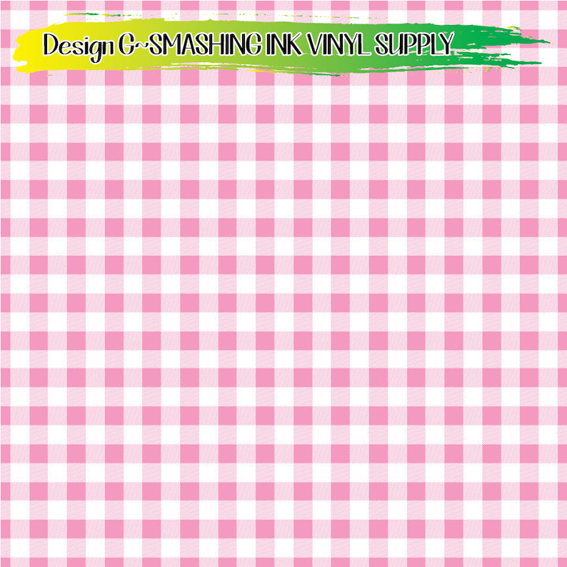 May include: Pink and white gingham pattern background. The text "Design G-SMASHING INK VINYL SUPPLY" is written in green and yellow across the top of the image.