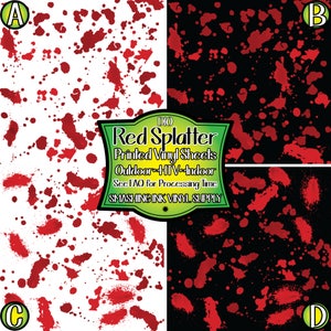 May include: Red splatter printed vinyl sheets for outdoor and indoor use. The sheets feature a red splatter pattern on a white and black background.  DIO Red Splatter Printed Vinyl Sheets Outdoor HTV Indoor See FAQ for Processing Time SMASHING INK VINYL SUPPLY