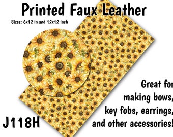 May include: Printed faux leather sheet with a sunflower pattern. The sheet is available in two sizes: 6x12 inches and 12x12 inches. The text "J118H" is printed in the lower left corner. The text "Great for making bows, key fobs, earrings, and other accessories!" is printed in the lower right corner.