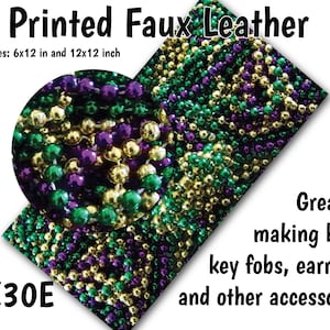 May include: Printed faux leather sheet in green, gold, and purple. The sheet is made of beads and is available in two sizes: 6x12 inches and 12x12 inches. The text "KK30E" is printed on the sheet. The sheet is great for making bows, key fobs, earrings, and other accessories.