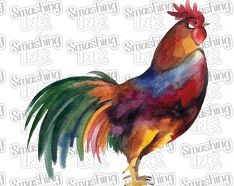May include: A watercolor painting of a colorful rooster with a red comb and wattle. The rooster is standing on a white background.