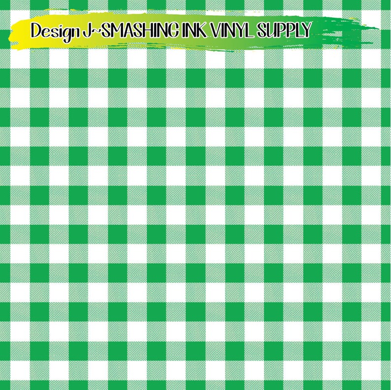 May include: Green and white gingham pattern. The pattern is a classic checkered design with alternating green and white squares.