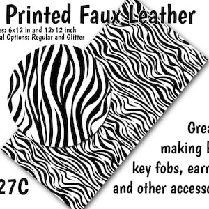 May include: Printed faux leather sheets with a black and white zebra stripe pattern. Available in 6x12 inch and 12x12 inch sizes, with regular and glitter material options. Great for making bows, key fobs, earrings, and other accessories. The code is B27C.
