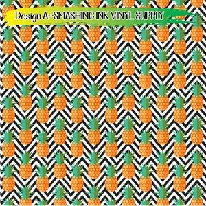 May include: A seamless pattern featuring a repeating design of pineapples on a black and white chevron background. The pineapples are yellow with green leaves.